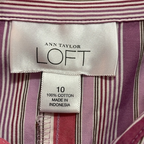 ANN TAYLOR LOFT Purple Multi Color Stripe Button Up Shirt Collar 100% Cotton - Picture 7 of 8